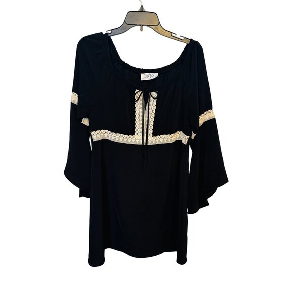 2/$30 VaVa Medium Boho Black & Ivory Tunic Mini Dress Lace Trim Bell Sleeves - Picture 1 of 16